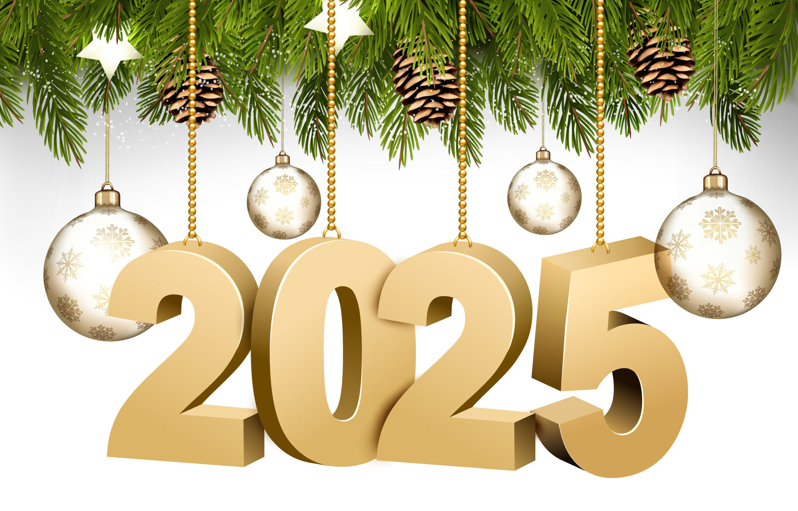 Happy New Year and Christmas holiday frame with branches of tree garland and 2025 numbers and transparent balls. Vector.